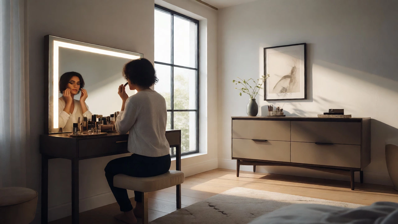 Person using a lit dressing table for makeup with a dresser in the background