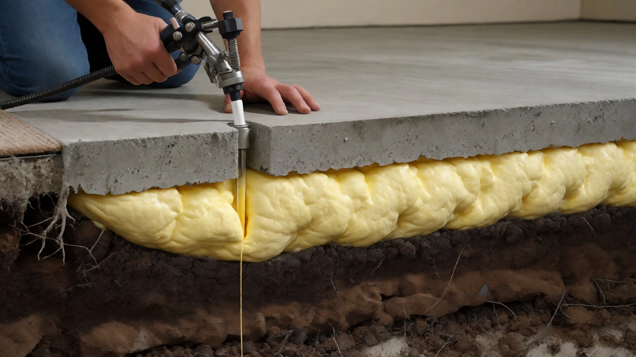 Polyurethane foam injection filling voids under a concrete slab floor