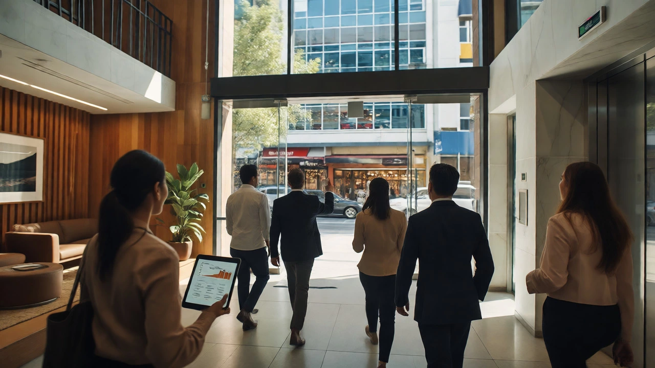 Professionals touring a multifamily building bridging residential and commercial markets