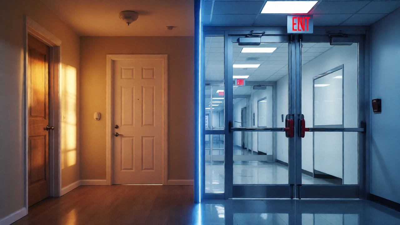 Split view comparing residential home interiors with commercial building safety features.