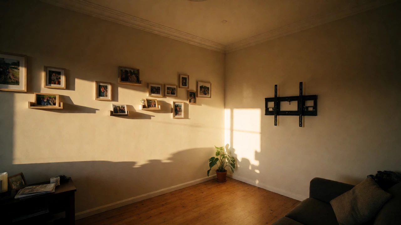 Sunlit living room with successfully hung decor in a settled new home