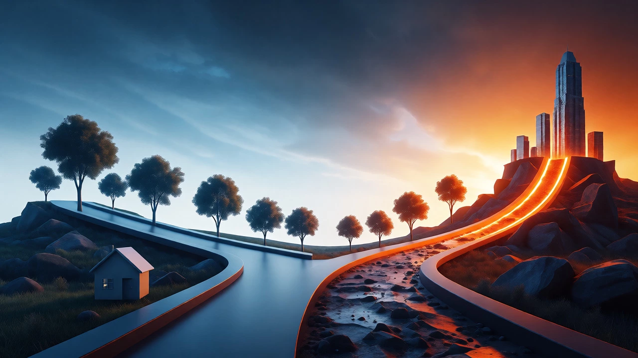 Abstract concept art showing two diverging paths representing residential stability vs commercial growth.