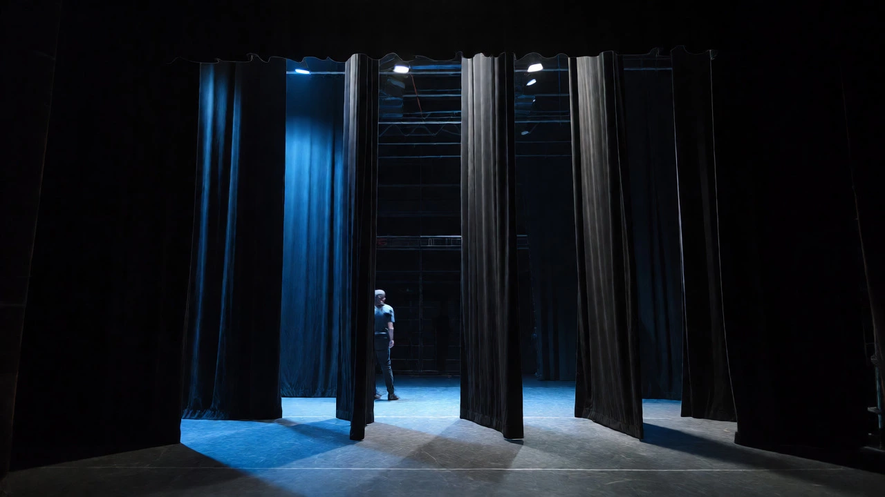 Black vertical masking legs framing the stage wings with an actor in shadow