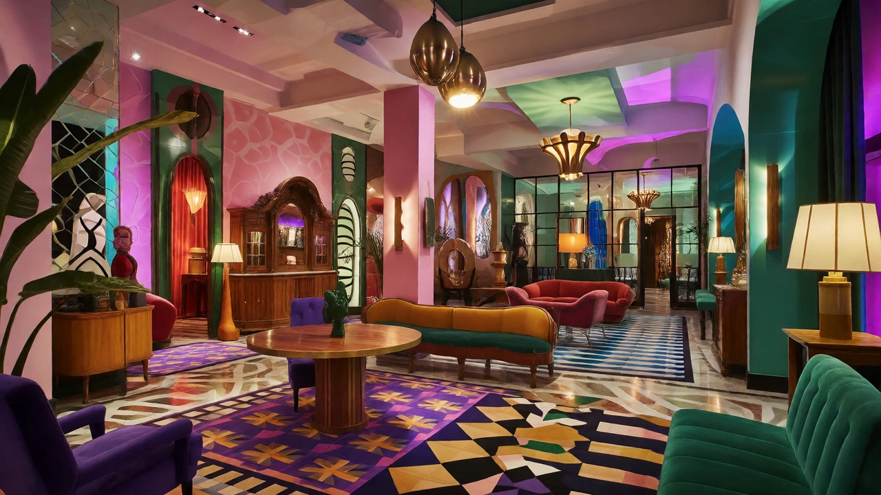 Bold eclectic hotel lobby with vibrant colors and vintage mix