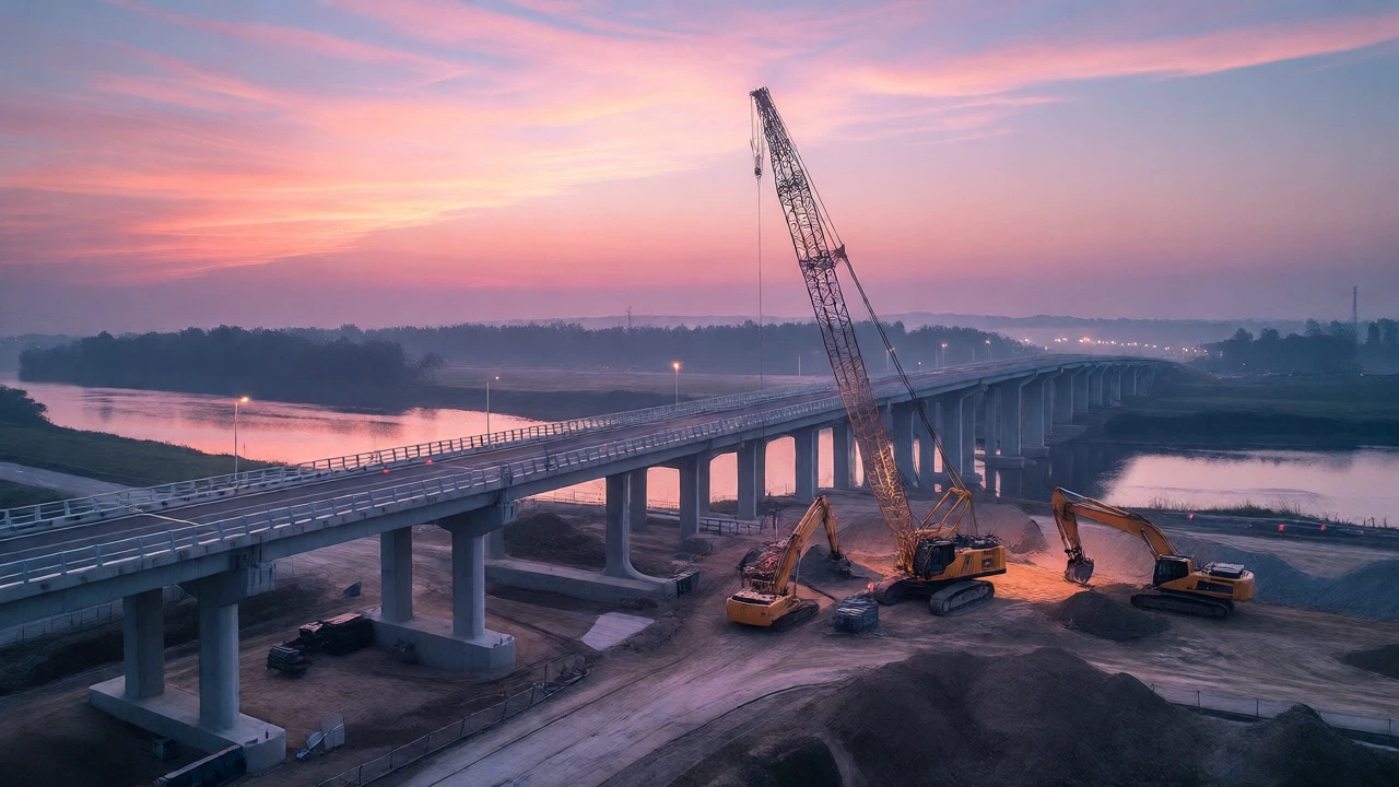Bridge and highway infrastructure project at dawn with heavy equipment