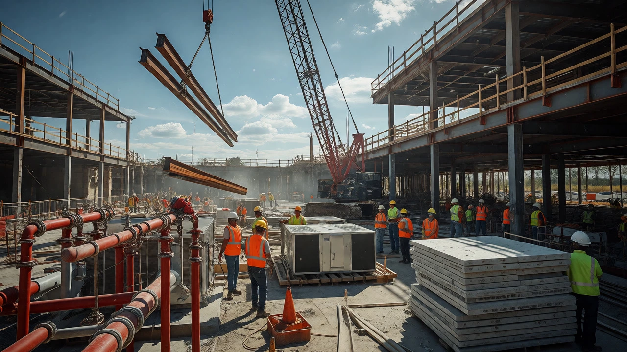 Busy commercial construction site with cranes, steel beams, and workers coordinating complex tasks.