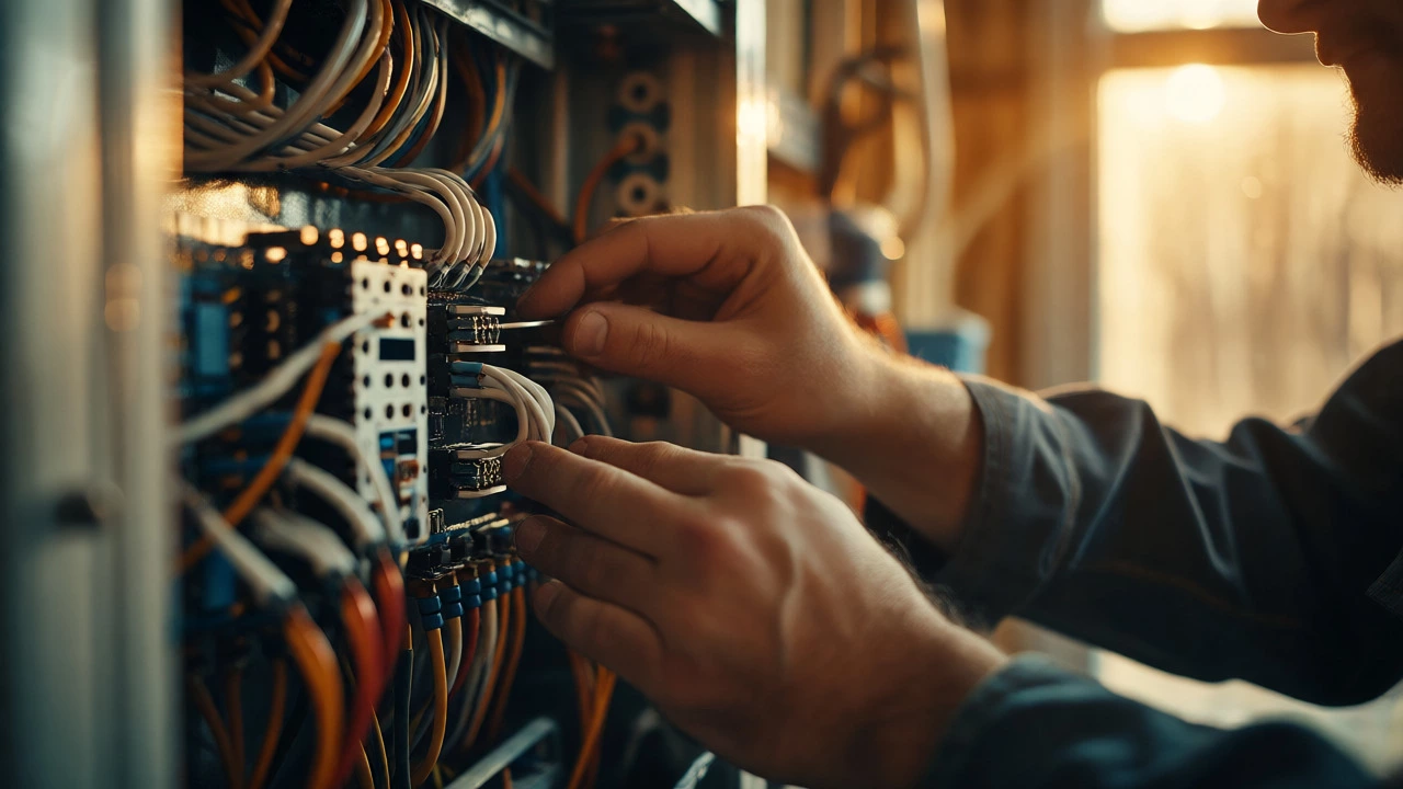 Close-up of electrician's hands wiring a complex electrical panel
