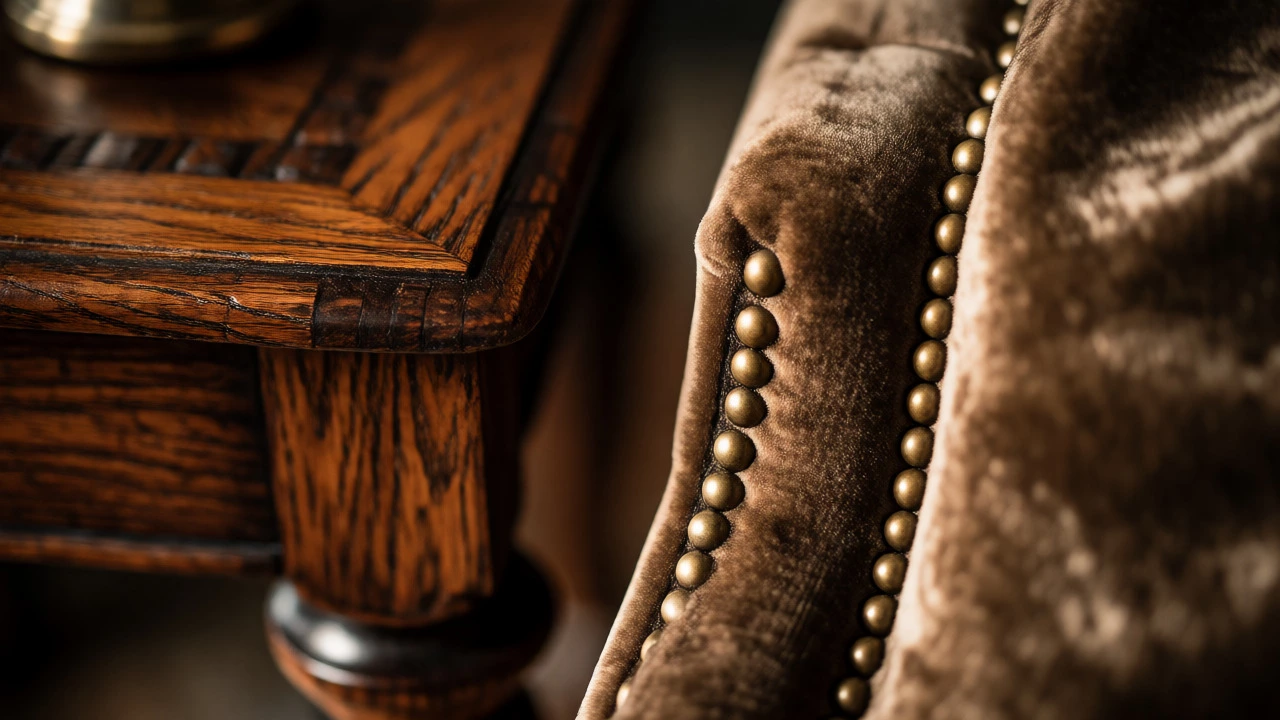 Close-up of velvet upholstery and brass details on luxury furniture