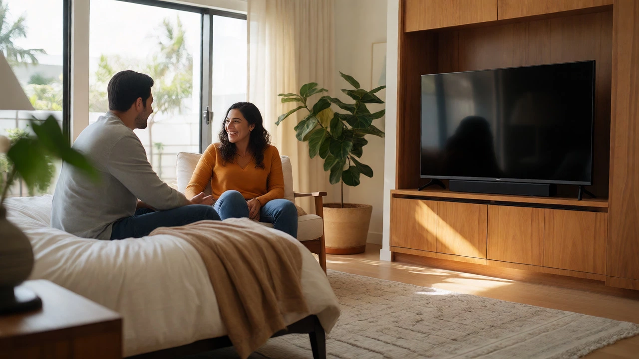 Couple conversing in a bedroom with the TV hidden away