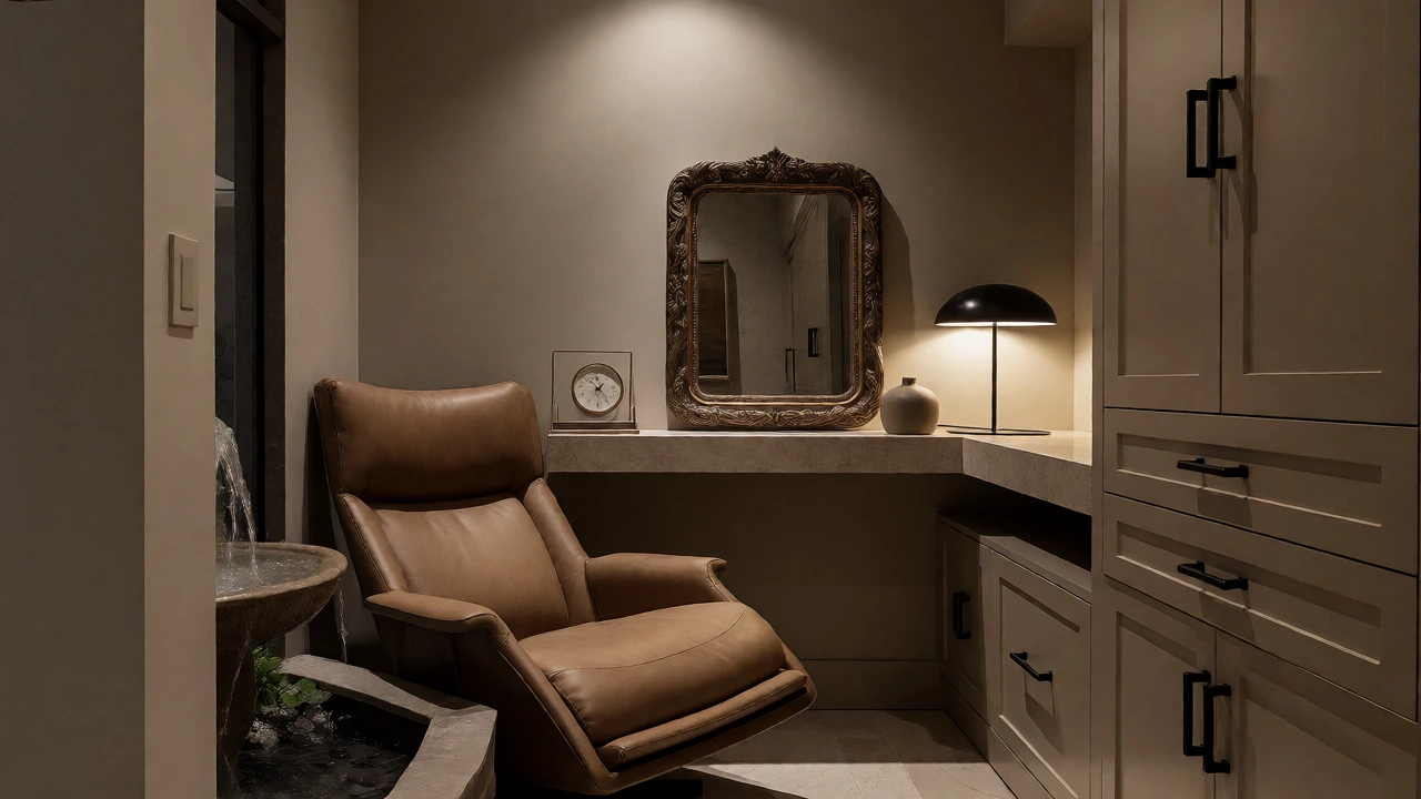 Cozy reading nook with leather chair and ambient lighting
