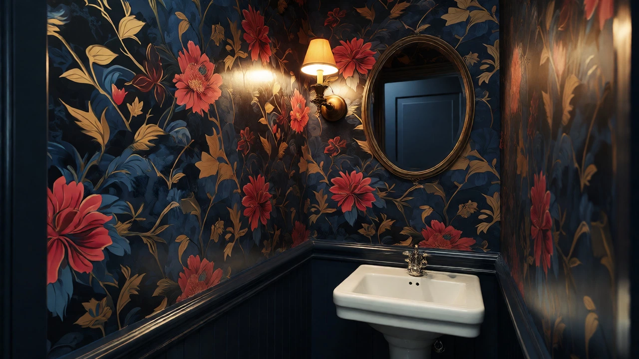 Dark floral wallpaper in a small, moody powder room with brass lighting