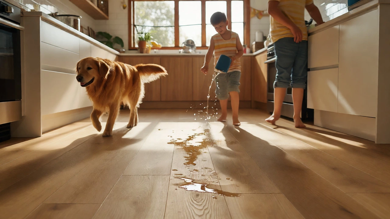 Dog walking on waterproof vinyl kitchen floor with spilled water beading up