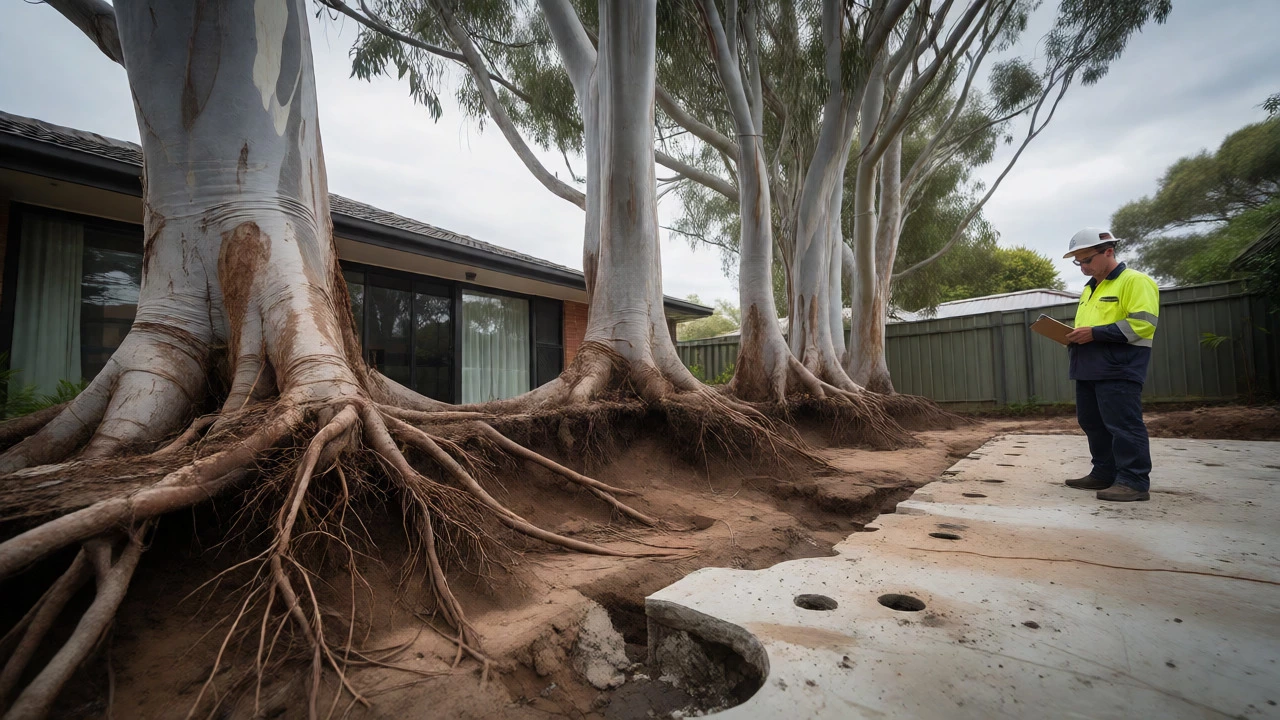 Engineer inspecting dry soil and tree roots near house foundation