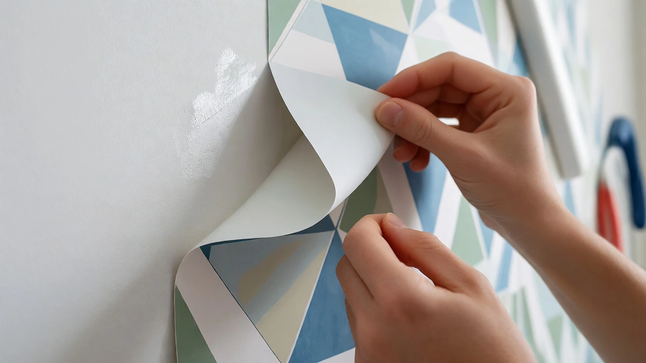 Hands installing peel-and-stick geometric wallpaper