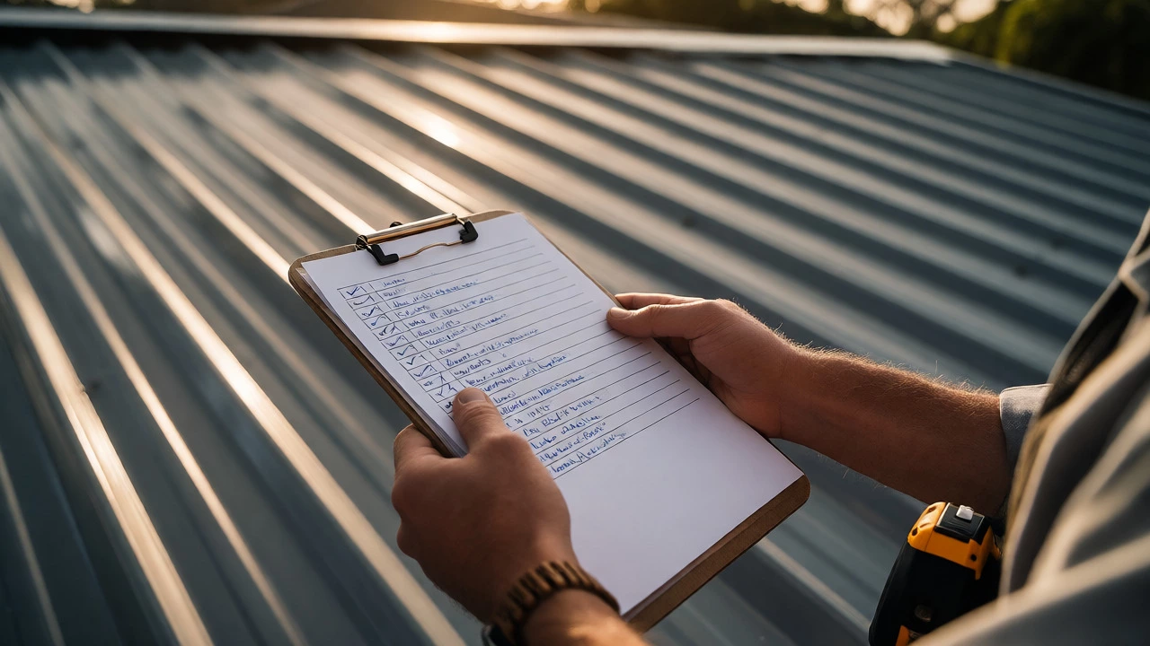 Homeowner reviewing itemized budget checklist in front of finished steel roof