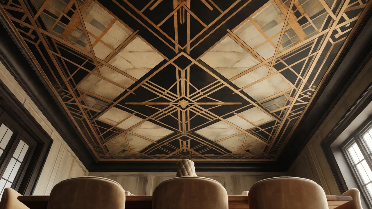 Intricate Art Deco patterned ceiling in a cozy dining room