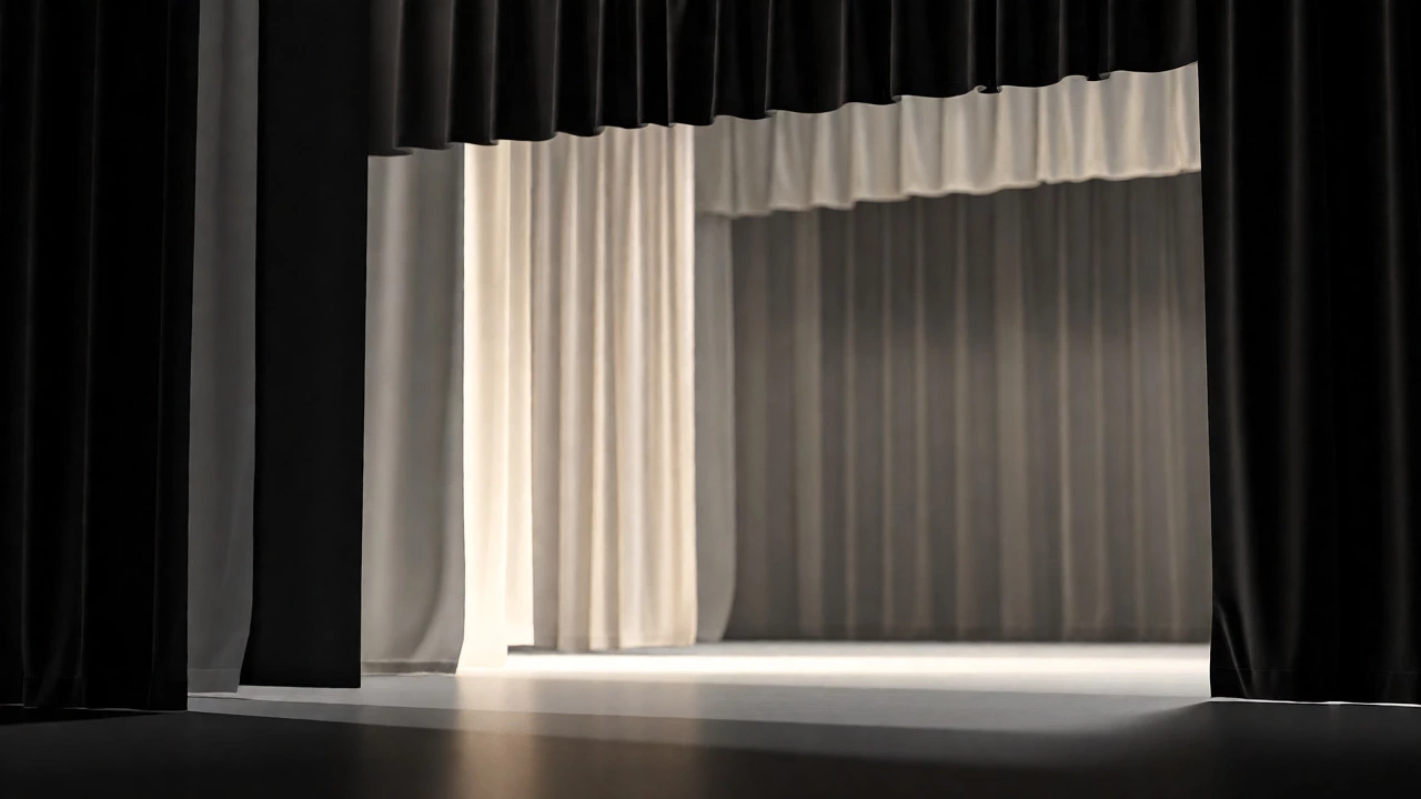 Layered view of stage curtains showing close masking elements and distant scrim