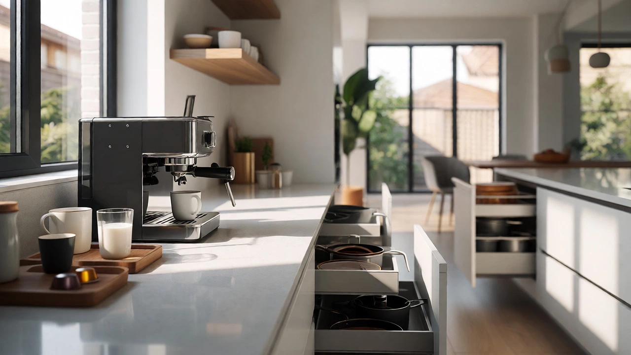 Minimalist coffee station with easy-access supplies in a bright, organized kitchen.