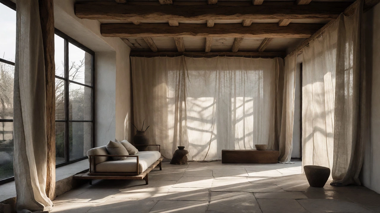 Minimalist wabi-sabi living room with natural textures