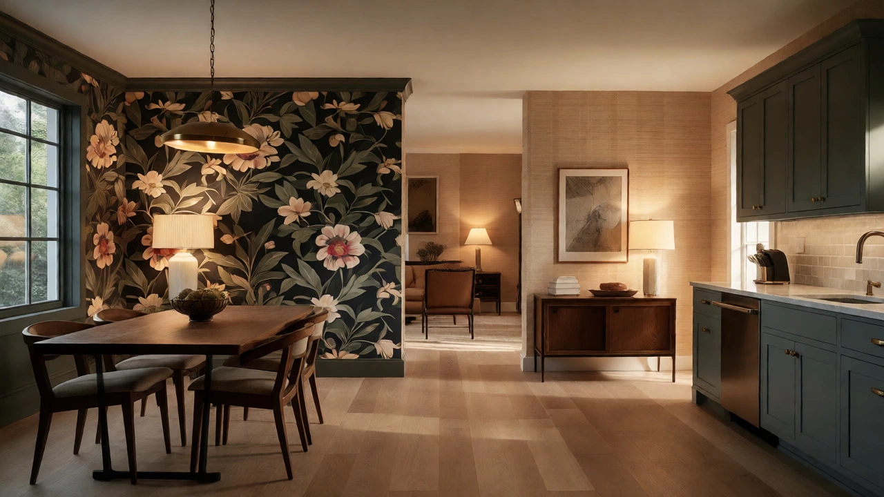 Open-plan home using wallpaper to define zones