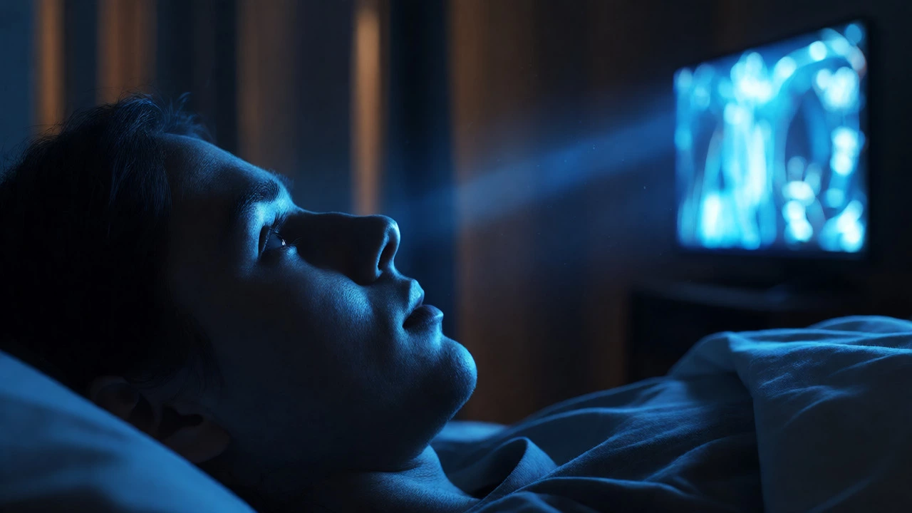 Person in bed bathed in blue TV light disrupting sleep