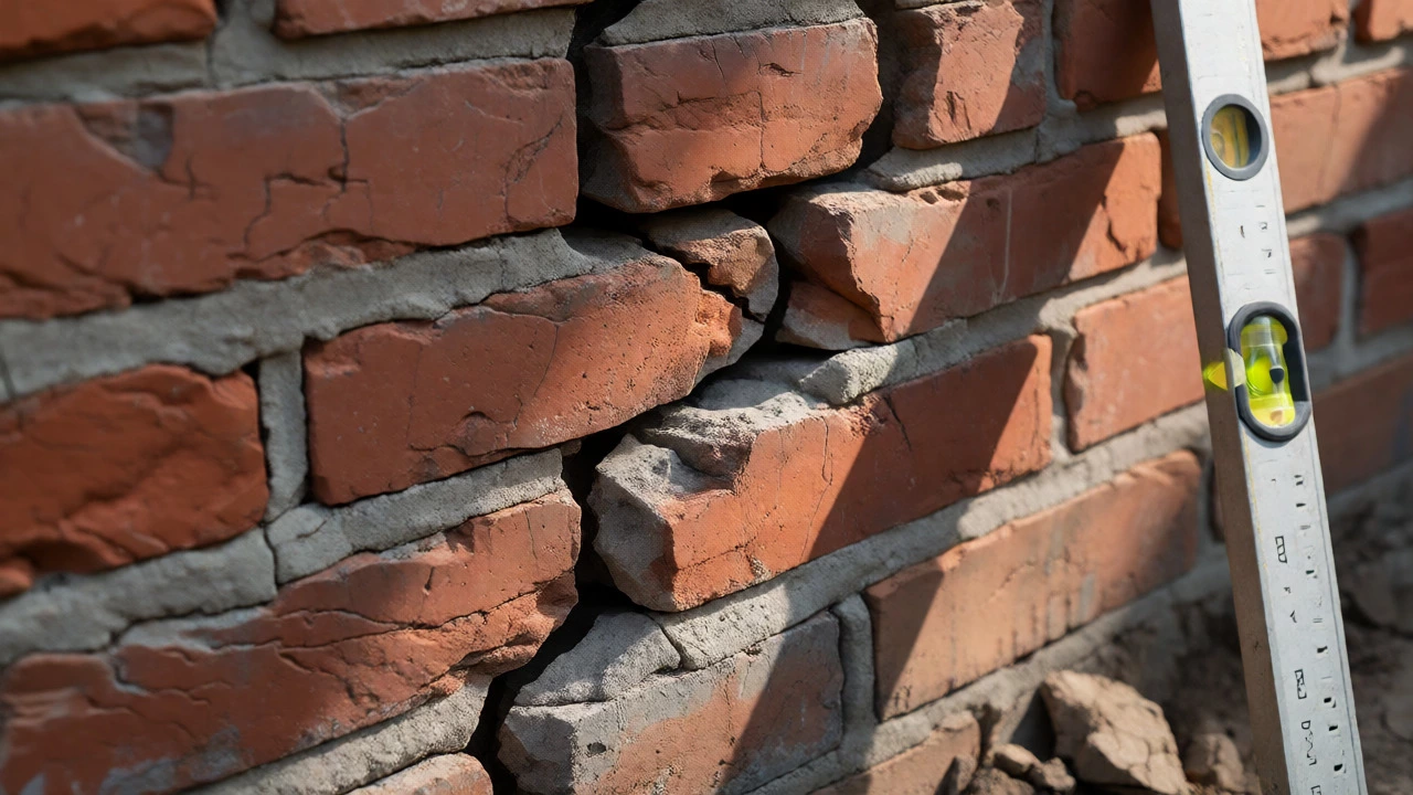 Severe stair-step brick cracks with a spirit level showing tilt