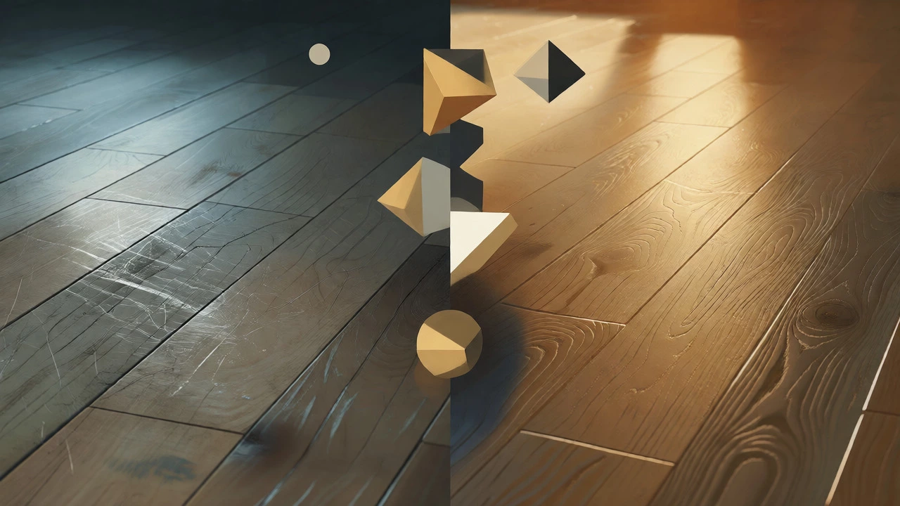 Split view contrasting worn laminate with durable new vinyl flooring