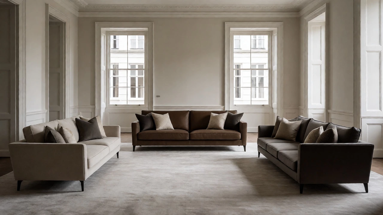 Three sofas arranged in zones within a large, luxurious heritage-style living room.