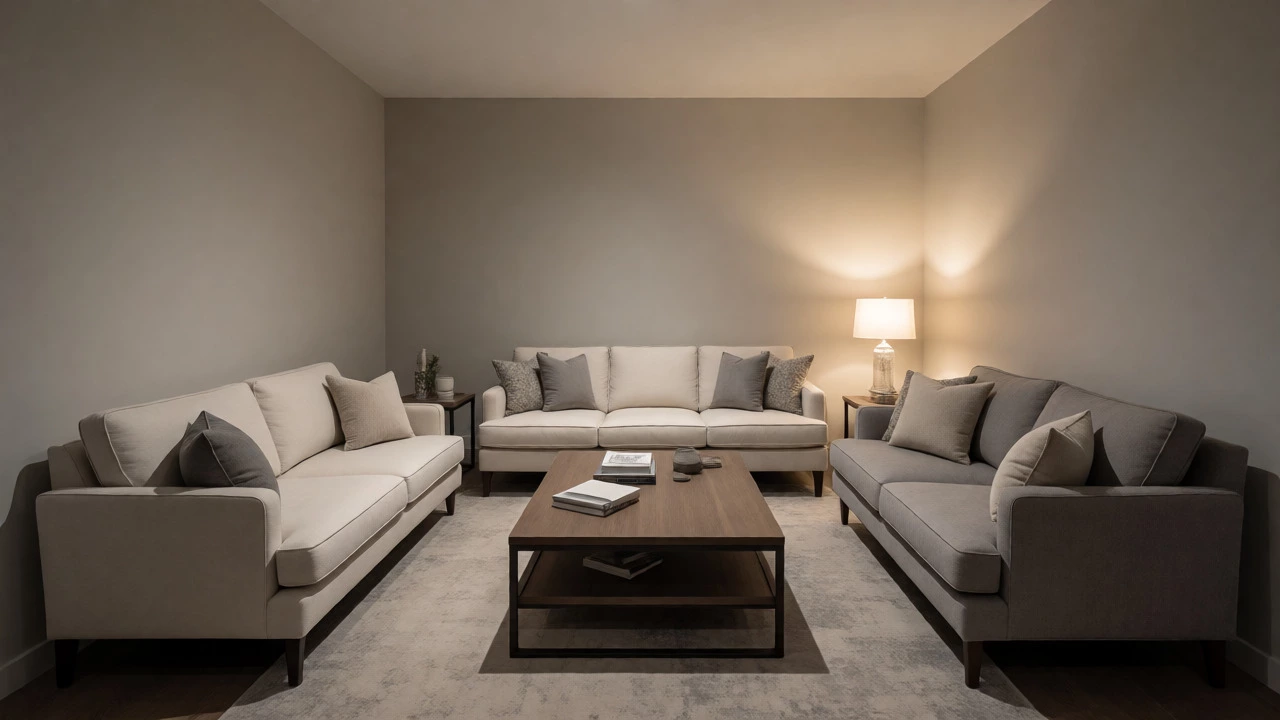 Two sofas arranged in an L-shape in a medium-sized open-plan living area.