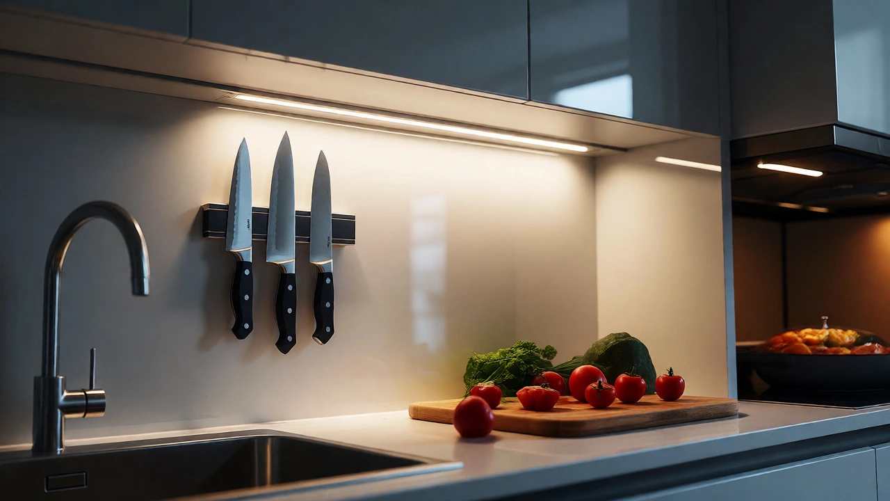 Under-cabinet LED lights illuminating a clean prep area with magnetic knife storage.